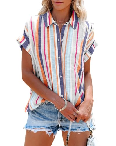 Cicy Bell Bluse Damen Kurzarm Streifen Oberteile V-Ausschnitt Gestreifte Hemden Tops Sommer Casual Button Down T-Shirt Orange S von Cicy Bell