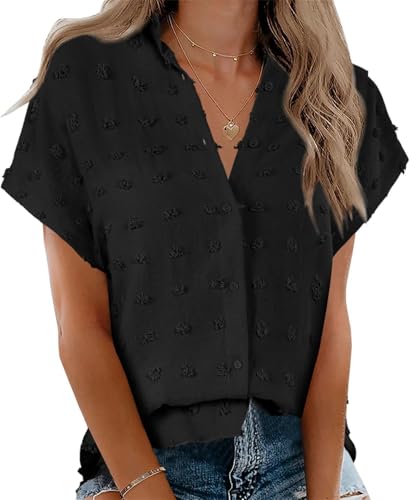 Cicy Bell Blusen Damen Hemden Kurzarm V-Ausschnitt Sommer Button Down Shirt Elegant Casual Oberteile Einfarbig Tops Schwarz M von Cicy Bell