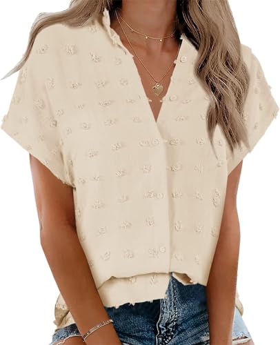 Cicy Bell Blusen Damen Hemden Kurzarm V-Ausschnitt Sommer Button Down Shirt Elegant Casual Oberteile Einfarbig Tops Khaki M von Cicy Bell