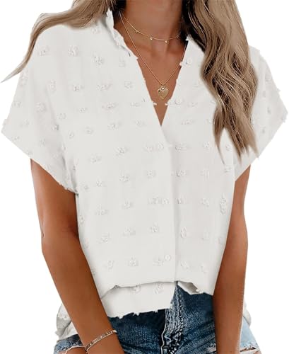 Cicy Bell Blusen Damen Hemden Kurzarm V-Ausschnitt Sommer Button Down Shirt Elegant Casual Oberteile Einfarbig Tops Weiß L von Cicy Bell