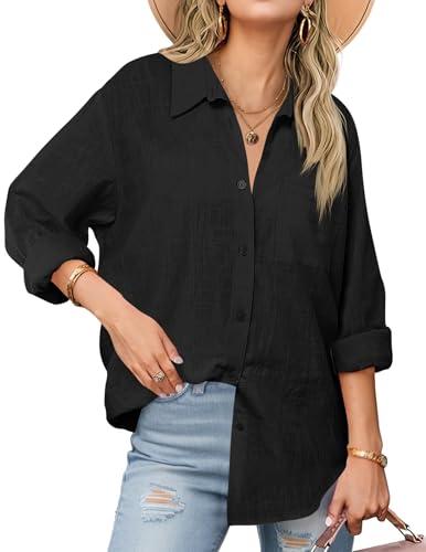 Cicy Bell Blusen Damen Oversized V-Ausschnitt Hemdbluse Langerm Locker Shirts Einfarbig Baumwolle Button Down Oberteil Casual Tops Schwarz L von Cicy Bell