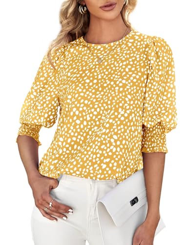 Cicy Bell Damen 3/4 Ärmel Polka Dot Bluse Tops Damen Lässig Büro Arbeit Rundhalsausschnitt T-Shirt Gelb L von Cicy Bell