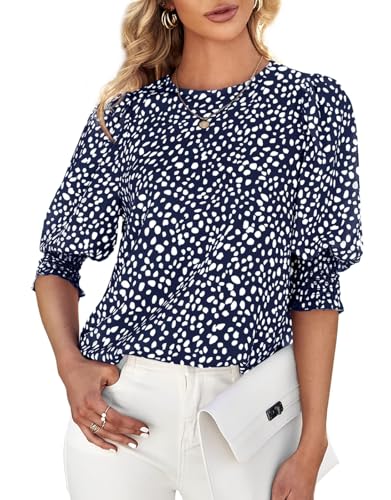 Cicy Bell Damen 3/4 Ärmel Polka Dot Bluse Tops Damen Lässig Büro Arbeit Rundhalsausschnitt T-Shirt Dunkelblau XL von Cicy Bell