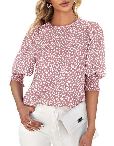 Cicy Bell Damen 3/4 Ärmel Polka Dot Bluse Tops Damen Lässig Büro Arbeit Rundhalsausschnitt T-Shirt Rosa XXL von Cicy Bell