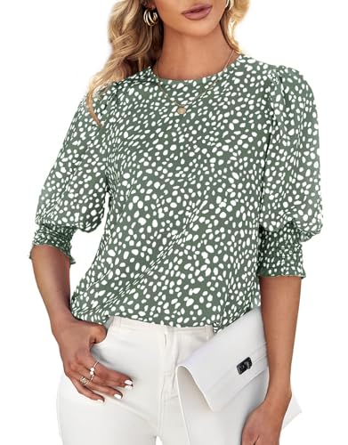 Cicy Bell Damen 3/5 Ärmel Polka Dot Bluse Tops Damen Lässig Büro Arbeit Rundhalsausschnitt T-Shirt Armeegrün M von Cicy Bell