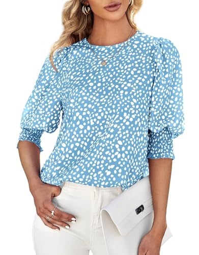Cicy Bell Damen 3/7 Ärmel Polka Dot Bluse Tops Damen Lässig Büro Arbeit Rundhalsausschnitt T-Shirt Himmelblau XL von Cicy Bell