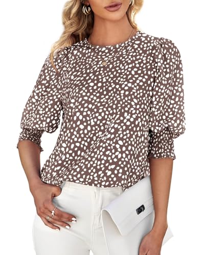 Cicy Bell Damen 3/8 Ärmel Polka Dot Bluse Tops Damen Lässig Büro Arbeit Rundhalsausschnitt T-Shirt Khaki XXL von Cicy Bell