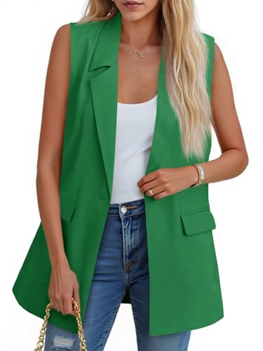 Cicy Bell Damen Ärmellos Blazer Weste Casual Open Front Single Button Sommerjacke mit Taschen, Grün , L von Cicy Bell