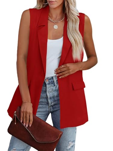 Cicy Bell Damen Ärmellose Blazer Weste Casual Open Front Single Button Sommer Jacke mit Taschen, Rot/Ausflug, einfarbig (Getaway Solids), Large von Cicy Bell