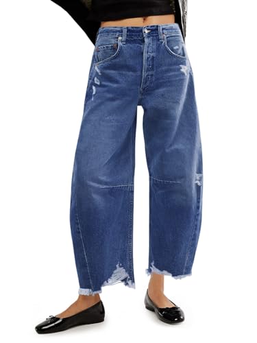 Cicy Bell Damen Baggy Wide Leg Boyfriend Jeans Mid Rise Barrel Cropped Raw Hem Denim Pants, Blau, 38 von Cicy Bell