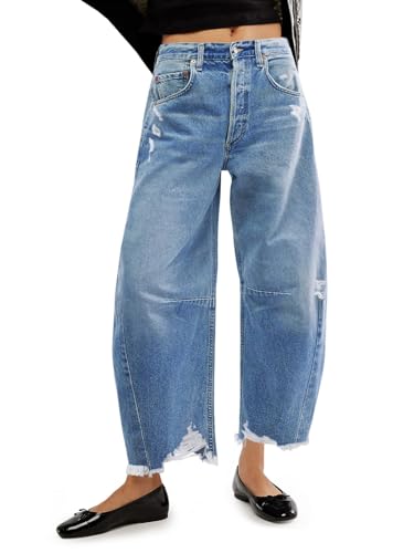 Cicy Bell Damen Baggy Wide Leg Jeans Barrel Hufeisen Boyfriend Cropped Raw Hem Denim Pants, Hell, blau, 40 von Cicy Bell