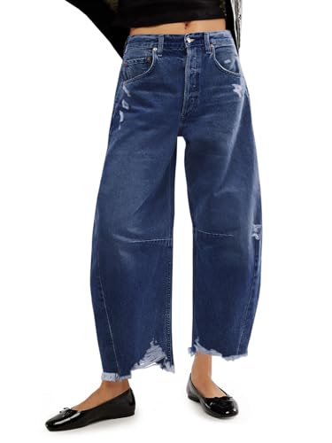 Cicy Bell Damen Baggy Wide Leg Boyfriend Jeans Mid Rise Barrel Cropped Raw Hem Denim Pants, Marineblau, 38 von Cicy Bell