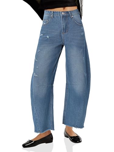 Cicy Bell Damen Barrel Jeans 2024 Herbst Baggy Boyfriend Ripped Cropped Raw Hem Denim Pants, Raw Hem Blue, 46 von Cicy Bell