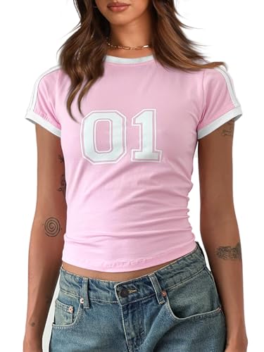 Cicy Bell Damen Basic Crop Tops Rundhals Print Kurzarm Y2K Vintage Sport T-Shirts Sommer Casual Oberteile Tees Rosa XL von Cicy Bell