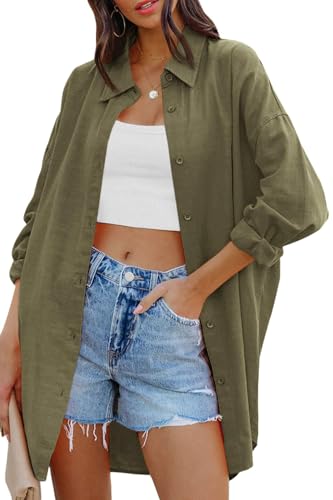 Cicy Bell Damen Bluse Oversized Langarm Button Down Shirts Baumwolle Oberteil Casual Einfarbig T-Shirts Herbst Locker Tops mit Taschen Armeegrün XXL von Cicy Bell