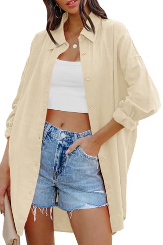 Cicy Bell Damen Bluse Oversized Langarm Button Down Shirts Baumwolle Oberteil Casual Einfarbig T-Shirts Herbst Locker Tops mit Taschen Beige XL von Cicy Bell
