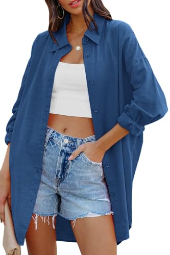Cicy Bell Damen Bluse Oversized Langarm Button Down Shirts Baumwolle Oberteil Casual Einfarbig T-Shirts Herbst Locker Tops mit Taschen Blau Groß von Cicy Bell