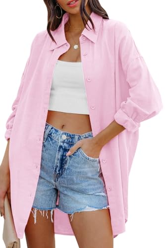Cicy Bell Damen Bluse Oversized Langarm Button Down Shirts Baumwolle Oberteil Casual Einfarbig T-Shirts Herbst Locker Tops mit Taschen Hellrot XX-Groß Cicy Bell Damen Bluse Oversized Langarm Button Down Shirts Baumwolle Oberteil Casual Einfarbig T-Shirts Herbst Locker Tops mit Taschen Hellrot XX-Groß von Cicy Bell