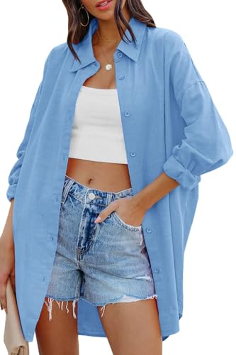 Cicy Bell Damen Bluse Oversized Langarm Button Down Shirts Baumwolle Oberteil Casual Einfarbig T-Shirts Herbst Locker Tops mit Taschen Himmelblau L von Cicy Bell
