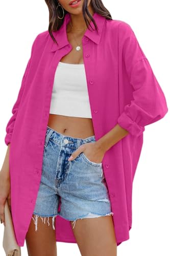 Cicy Bell Damen Bluse Oversized Langarm Button Down Shirts Baumwolle Oberteil Casual Einfarbig T-Shirts Herbst Locker Tops mit Taschen Rosa M von Cicy Bell