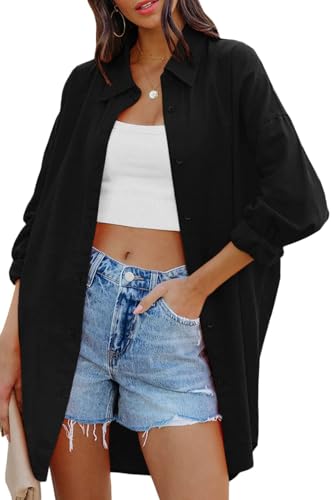 Cicy Bell Damen Bluse Oversized Langarm Button Down Shirts Baumwolle Oberteil Casual Einfarbig T-Shirts Herbst Locker Tops mit Taschen Schwarz S von Cicy Bell