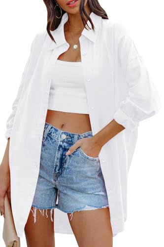 Cicy Bell Damen Bluse Oversized Langarm Button Down Shirts Baumwolle Oberteil Casual Einfarbig T-Shirts Herbst Locker Tops mit Taschen Weiß M von Cicy Bell