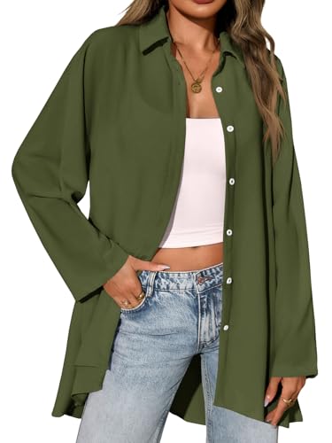 Cicy Bell Damen Bluse V-Ausschnitt Langarm Button Down Shirts Oversized Satin Hemden Elegant Casual Oberteile Einfarbig Tunika Tops Locker Longshirt Flowy Langarmshirt Armeegrün 2XL von Cicy Bell