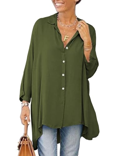 Cicy Bell Damen Bluse Oversized Langarm Button Down Hemdbluse V-Ausschnitt Sommer Satin T-Shirt Elegant Oberteile Shirt Einfarbig Casual Tops Armeegrün XL von Cicy Bell