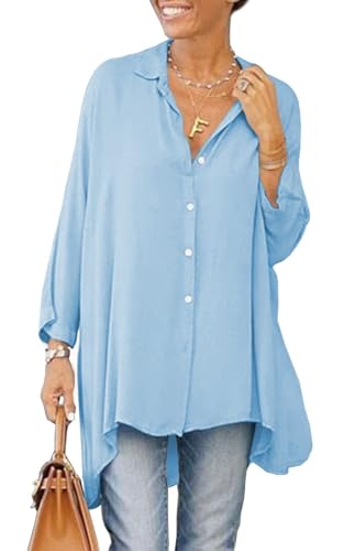 Cicy Bell Damen Bluse Oversized Langarm Button Down Hemdbluse V-Ausschnitt Sommer Satin T-Shirt Elegant Oberteile Shirt Einfarbig Casual Tops Blau S von Cicy Bell