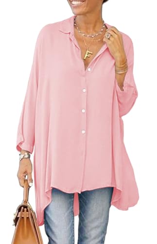 Cicy Bell Damen Bluse Oversized Langarm Button Down Hemdbluse V-Ausschnitt Sommer Satin T-Shirt Elegant Oberteile Shirt Einfarbig Casual Tops Rosa L von Cicy Bell
