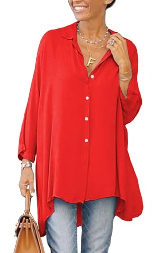 Cicy Bell Damen Bluse V-Ausschnitt Langarm Button Down Shirts Oversized Satin Hemden Elegant Casual Oberteile Einfarbig Tunika Tops Locker Longshirt Flowy Langarmshirt Rot M Cicy Bell Damen Bluse V-Ausschnitt Langarm Button Down Shirts Oversized Satin Hemden Elegant Casual Oberteile Einfarbig Tunika Tops Locker Longshirt Flowy Langarmshirt Rot M von Cicy Bell