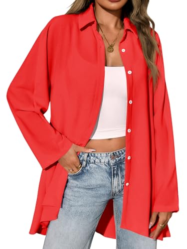 Cicy Bell Damen Bluse V-Ausschnitt Langarm Button Down Shirts Oversized Satin Hemden Elegant Casual Oberteile Einfarbig Tunika Tops Locker Longshirt Flowy Langarmshirt Rot M von Cicy Bell