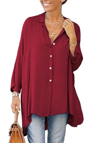 Cicy Bell Damen Bluse Oversized Langarm Button Down Hemdbluse V-Ausschnitt Sommer Satin T-Shirt Elegant Oberteile Shirt Einfarbig Casual Tops Weinrot S von Cicy Bell