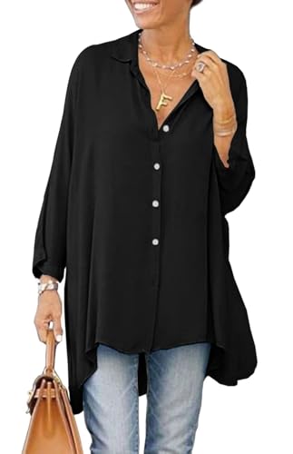 Cicy Bell Damen Bluse Oversized Langarm Button Down Hemdbluse V-Ausschnitt Sommer Satin T-Shirt Elegant Oberteile Shirt Einfarbig Casual Tops Schwarz M von Cicy Bell