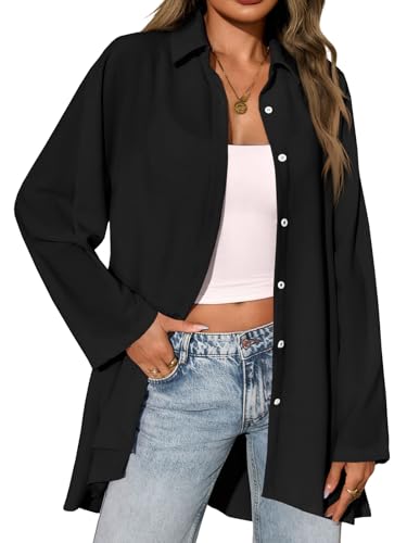 Cicy Bell Damen Bluse V-Ausschnitt Satin Hemden Elegant Langarm Casual Arbeit Oberteile mit Knöpfen Tunika Tops Locker Longshirt Lässige Shirt Lose Langarmshirt Schwarz XL von Cicy Bell