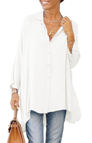 Cicy Bell Damen Bluse Oversized Langarm Button Down Hemdbluse V-Ausschnitt Sommer Satin T-Shirt Elegant Oberteile Shirt Einfarbig Casual Tops Weiß L von Cicy Bell