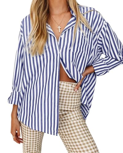 Cicy Bell Damen Blusen Gestreifte Langarm Hemden Streifen Oberteile T-Shirt Elegant V-Ausschnitt Button Down Einfarbig Casual Tops Blau M von Cicy Bell