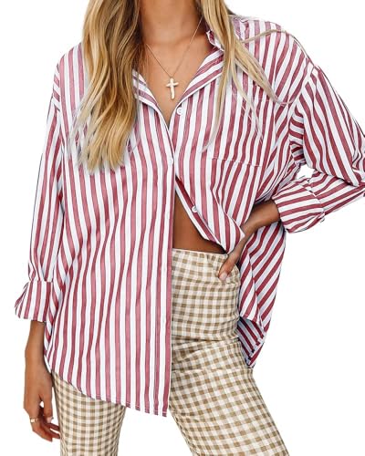 Cicy Bell Damen Blusen Gestreifte Langarm Hemden Streifen Oberteile T-Shirt Elegant V-Ausschnitt Button Down Einfarbig Casual Tops Rot L von Cicy Bell