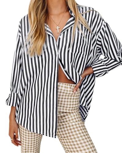 Cicy Bell Damen Blusen Gestreifte Langarm Hemden Streifen Oberteile T-Shirt Elegant V-Ausschnitt Button Down Einfarbig Casual Tops Schwarz M von Cicy Bell