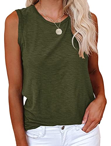 Cicy Bell Damen Casual Tanktops Rundhalsausschnitt Ärmellos Einfarbig Sommer Baumwolle T-Shirts ArmyGreen M von Cicy Bell