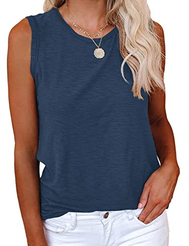 Cicy Bell Damen Casual Tanktops Rundhalsausschnitt Ärmellos Einfarbig Sommer Baumwolle T-Shirts Blau L von Cicy Bell