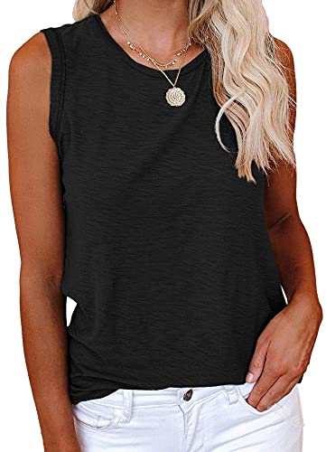 Cicy Bell Damen Casual Tanktops Rundhalsausschnitt Ärmellos Einfarbig Sommer Baumwolle T-Shirts Schwarz L von Cicy Bell