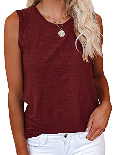 Cicy Bell Damen Casual Tanktops Rundhalsausschnitt Ärmellos Einfarbig Sommer Baumwolle T-Shirts Weinrot L von Cicy Bell