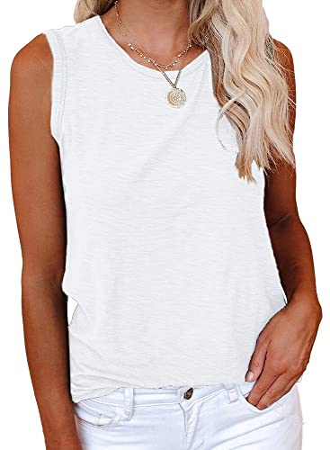 Cicy Bell Damen Casual Tanktops Rundhalsausschnitt Ärmellos Einfarbig Sommer Baumwolle T-Shirts Weiß L von Cicy Bell