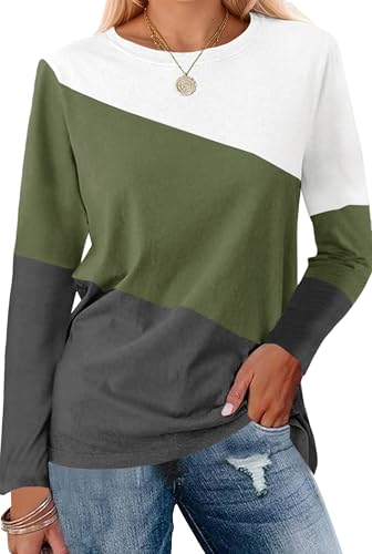 Cicy Bell Damen Colorblock Langarm Tops Rundhals Langarmshirt Casual Locker Oberteile T-Shirt Bluse Tunika,Armeegrün,S von Cicy Bell