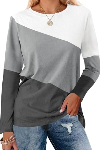 Cicy Bell Damen Colorblock Langarm Tops Rundhals Langarmshirt Casual Locker Oberteile T-Shirt Bluse Tunika,Grau,M von Cicy Bell