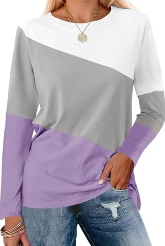 Cicy Bell Damen Colorblock Langarm Tops Rundhals Langarmshirt Casual Locker Oberteile T-Shirt Bluse Tunika,Hellviolett,L von Cicy Bell