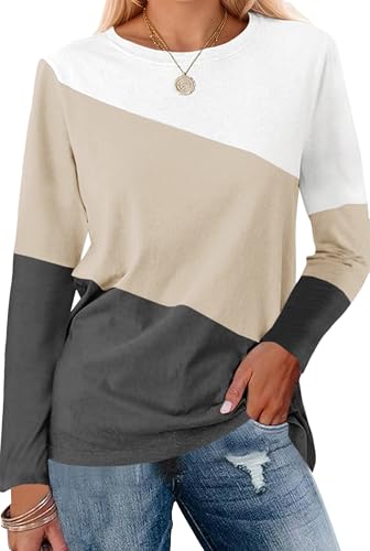 Cicy Bell Damen Colorblock Langarm Tops Rundhals Langarmshirt Casual Locker Oberteile T-Shirt Bluse Tunika,Khaki,XL von Cicy Bell