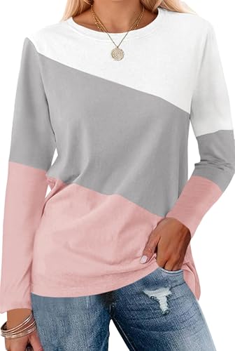 Cicy Bell Damen Colorblock Langarm Tops Rundhals Langarmshirt Casual Locker Oberteile T-Shirt Bluse Tunika,Weiß-Rosa,L von Cicy Bell