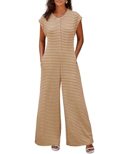 Cicy Bell Jumpsuit Damen Sommer Gestreift Kurzarm Overall Weites Bein Elegant Romper mit Knöpfen und Taschen Bequem für Strand und Alltag von Cicy Bell